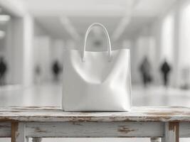 Mockup of a white bag on a wooden table in a shopping center photo
