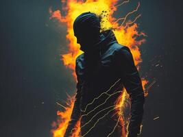 Fiery energy emanates from a silhouette amidst a dark background in a digital artwork showcasing transformation and power. photo
