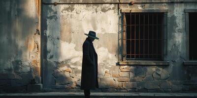 A man in a hat and coat standing in front of a building photo