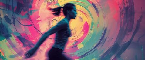 A woman running in front of a colorful swirl photo