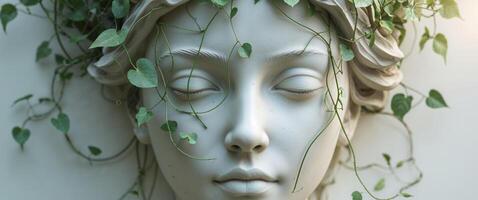 A statue with green plants growing on it's head photo