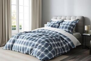 Discover the Tranquil Beauty of Blue and White Plaid Bedding, Enhancing Bedroom Decor with Soft Textures and Elegant Patterns. Create a Serene and Comfortable Sleep Sanctuary for Restful Nights. photo