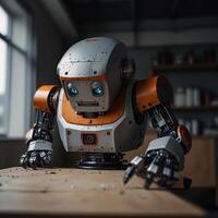 A robot sitting on a table with a piece of wood photo