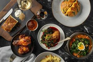 Fried Chicken with Sauces, Cornbread, Mashed Potatoes, and Greens A Delicious Southern Meal with Diverse Flavors and Textures, Enjoying a Culinary Experience. photo