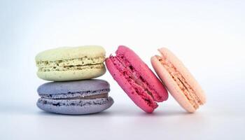 Delicious pastel colored macarons arranged in a delightful row perfect for a bakery or dessert menu photo