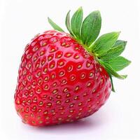 A Single Ripe Red Strawberry with Green Leaves Isolated on White Background Perfect for Food Blogs and Culinary Projects photo
