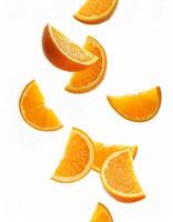 Fresh Orange Slices Falling Isolated on White Background Juicy Citrus Fruit Segments photo