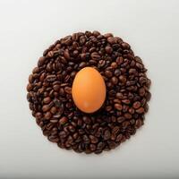 A Single Orange Egg Nestled in a Bed of Dark Roasted Coffee Beans A Unique Still Life Image photo