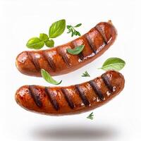 Delicious Grilled Sausages with Fresh Herbs Levitating against White Background photo