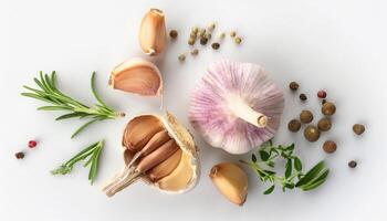 Fresh Garlic Cloves with Rosemary and Thyme Herbs Assorted Peppercorns Aromatic Culinary Ingredients photo