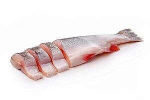Fresh Raw Salmon Fillet Sliced Beautifully on White Background Perfect for Culinary and Seafood Recipes photo