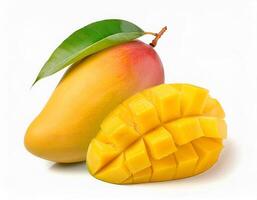 Ripe Mango Fruit with Leaf A Whole and Sliced Piece of Delicious Tropical Mango photo