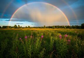 A field with purple flowers and a rainbow photo