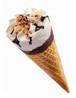 Delicious Double Scoop Ice Cream Cone with Chocolate Drizzle and Nuts A tempting summer treat perfect for hot days photo