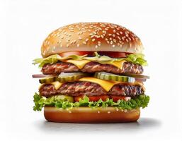 Delicious Double Cheeseburger with Sesame Seed Bun Lettuce Tomato Pickles and Melted Cheese photo