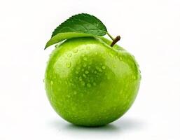 A Fresh Green Apple with Water Droplets and a Leaf A Healthy and Juicy Fruit Image Perfect for Your Project photo