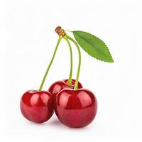 Three ripe red cherries with green stems and leaf isolated on white background perfect for food or health concepts photo