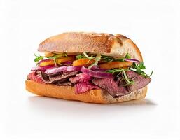 Delicious Roast Beef Sandwich on a Crusty Roll with Red Onion and Arugula A Gourmet Lunch Option photo