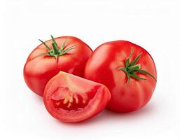 Two ripe red tomatoes and a juicy tomato slice isolated on white background perfect for healthy food and cooking recipes photo