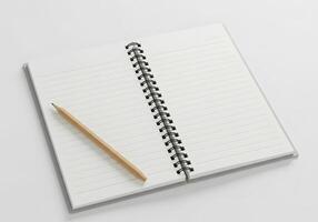 Notebook with pencil and blank paper on white background photo