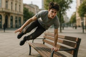 A young man practices parkour in an urban setting, vaulting over a bench with agility, focus, and explosive energy during daylight photo