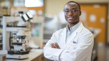 A young man in a lab coat standing in a laboratory with a microscope in the background. photo