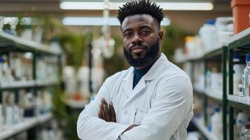 A young man in a white lab coat standing in a laboratory with a bearded face, arms crossed, looking directly at the camera. photo