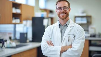 A smiling man in a lab coat standing in a laboratory with a white background. photo