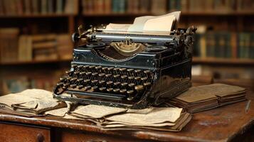 An old-fashioned typewriter with a stack of papers in front of it, placed on a wooden table in a library setting. photo