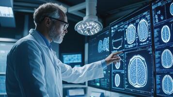 A doctor in a lab coat examining a computer monitor with brain scans. photo