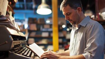 A man in a striped shirt is sitting at a desk with a typewriter, typing on the keyboard. photo