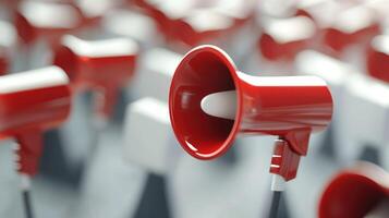 A red and white megaphone with a blurred background of multiple red and white megaphones photo