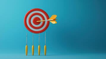 A red dart with a yellow tip is flying towards a red bullseye target on a blue background. photo