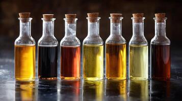 A row of six small, clear glass bottles with cork tops, each containing a different liquid, arranged in a row on a dark, reflective surface. photo