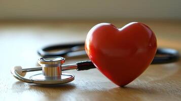 A red heart-shaped object with a stethoscope wrapped around it on a wooden surface. photo