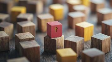 A wooden block with an arrow on it, placed on a wooden block with a red block on top, surrounded by other wooden blocks in various colors and sizes, on a wooden surface with a blurred background. photo