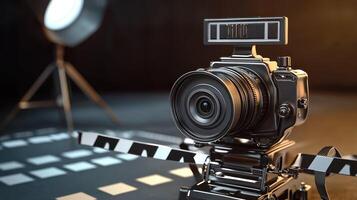 A professional camera with a large lens and a digital display on top, mounted on a tripod, with a black and white striped backdrop and a bright light source in the background. photo