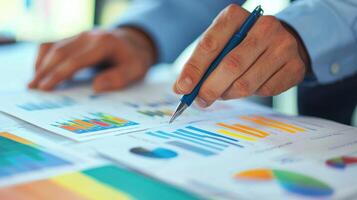 A person's hand holding a pen over a document with colorful bar graphs and pie charts on a table. photo