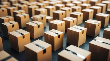 A collection of cardboard boxes arranged in a grid pattern on a dark surface. photo