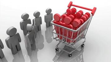 A red shopping cart filled with red and black dumbbells, surrounded by a group of gray human figures in a white setting. photo