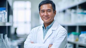 A smiling man in a lab coat standing in a laboratory with shelves of bottles in the background. photo