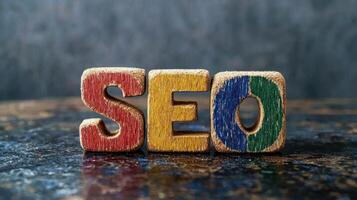 A colorful wooden block with the word 'SEO' on it, placed on a dark wooden surface with a dark background. photo