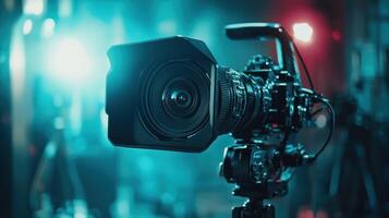 A professional camera with a large lens, mounted on a tripod, capturing a scene with bright lights and colorful lights in the background. photo