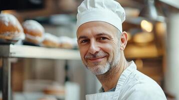 A smiling baker in a white uniform standing in a bakery with a rack of pastries in the background. photo