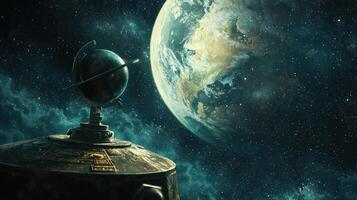 A futuristic spaceship with a globe on top, floating in space with a planet in the background. photo