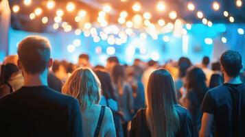 A group of people walking in a crowd, illuminated by string lights, with a blue and white color scheme. photo