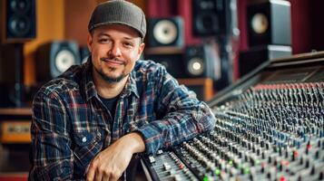 A man in a recording studio, leaning on a mixing console, with a smile on his face. photo
