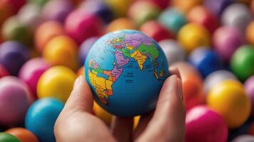 A hand holding a small globe with a colorful map of the world, surrounded by a multitude of colorful, round objects, possibly representing different countries or continents. photo
