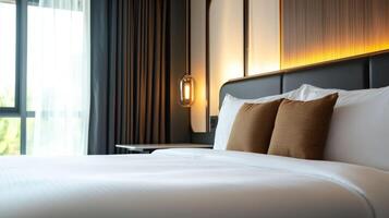 A neatly made bed with white sheets and brown pillows, against a black headboard, with a window in the background and a lamp on the bedside table. photo