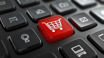 A red shopping cart icon on a computer keyboard with various icons in the background. photo